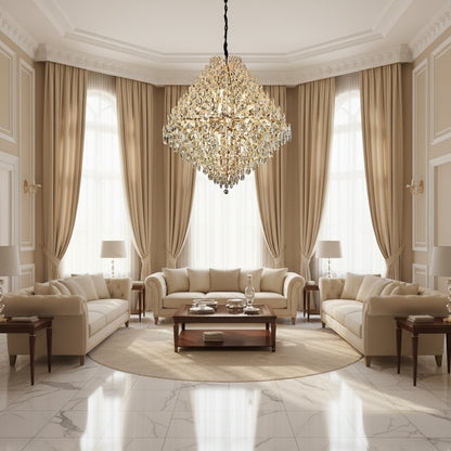 KONIG Grande Lampadario in cristallo, 32xE14, D120 cm, Oro, Altezza regolabile, Metallo e cristallo