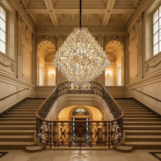 KONIG Grande Lampadario in cristallo, 32xE14, D120 cm, Oro, Altezza regolabile, Metallo e cristallo