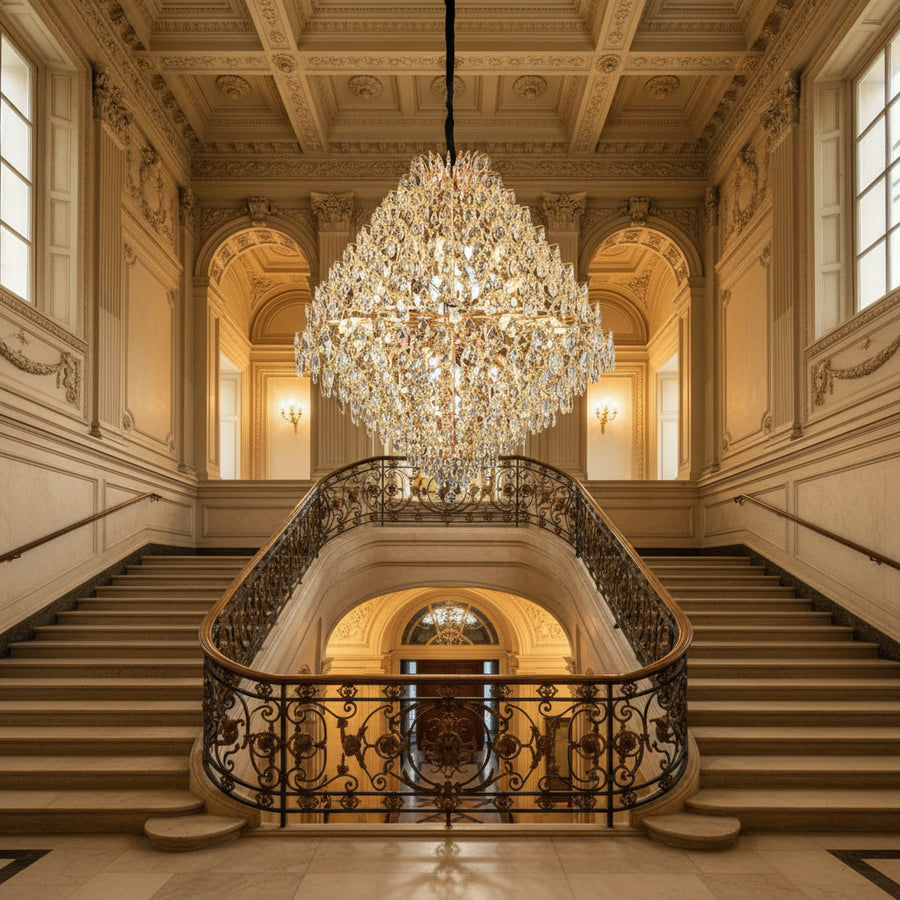 KONIG Grande Lampadario in cristallo, 32xE14, D120 cm, Oro, Altezza regolabile, Metallo e cristallo