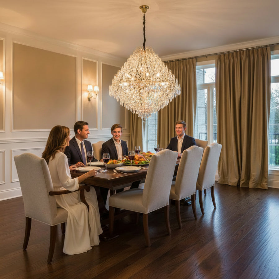 KONIG Grande Lampadario in cristallo, 32xE14, D120 cm, Oro, Altezza regolabile, Metallo e cristallo