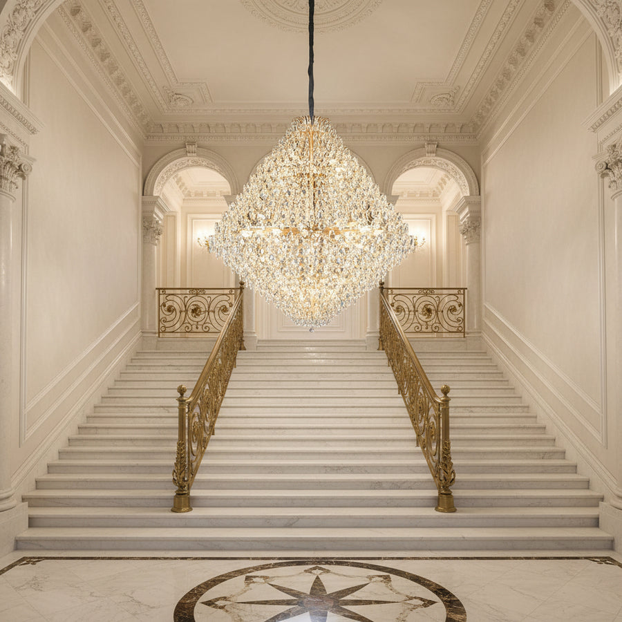 KONIG Grande Supremo Lampadario in cristallo, 54xE14, D150 cm, Oro, Altezza regolabile, Metallo e cristallo