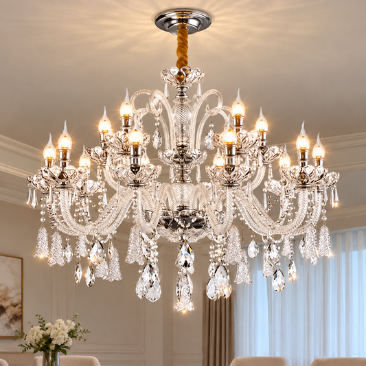 Lampadario di cristallo 15xE14, D95cm, Argento, Altezza regolabile, Metallo e cristallo