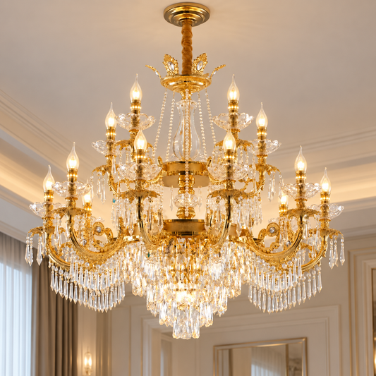 Lampadario in Cristallo 19xE14, D95cm, Oro Lucido, Altezza Regolabile, Metallo e Cristallo