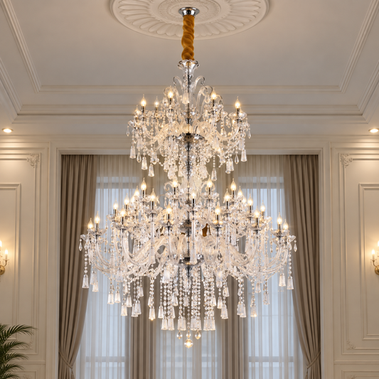 Lampadario in Cristallo, 55xE14, Diametro 145cm, Altezza 230cm, Argento, Altezza Regolabile, Design Elegante