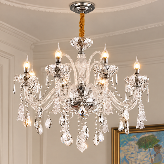Lampadario in cristallo 6xE14, D68cm, Argento, Altezza regolabile, Metallo e cristallo