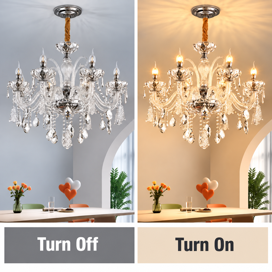 Lampadario in cristallo 6xE14, D68cm, Argento, Altezza regolabile, Metallo e cristallo