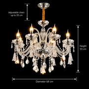Lampadario in cristallo 6xE14, D68cm, Argento, Altezza regolabile, Metallo e cristallo