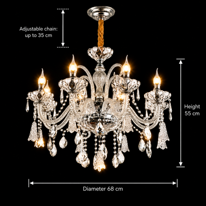 Lampadario in cristallo 6xE14, D68cm, Argento, Altezza regolabile, Metallo e cristallo