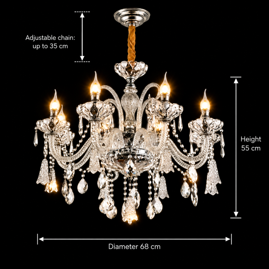 Lampadario in cristallo 6xE14, D68cm, Argento, Altezza regolabile, Metallo e cristallo