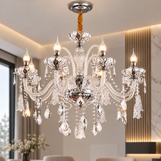 Lampadario di cristallo 8xE14, D78cm, Argento, Altezza regolabile, Metallo e cristallo