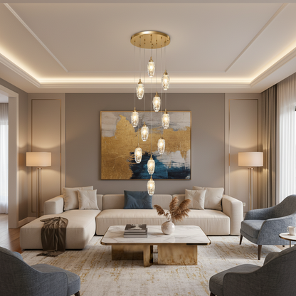 Lampadario LED in Cristallo AROHA con Telecomando, Sospensione, 12 Sorgenti, 36W, Diametro 40cm, Luce Calda/Neutra/Fredda, Altezza Regolabile, Oro, Metallo e Cristallo