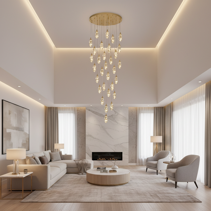 AROHA Lampadario LED in Cristallo con Telecomando, Sospensione, 30 Sorgenti, 90W, Luce Calda/Neutra/Fredda, Diametro 60cm, Altezza Regolabile, Oro, Metallo e Cristallo