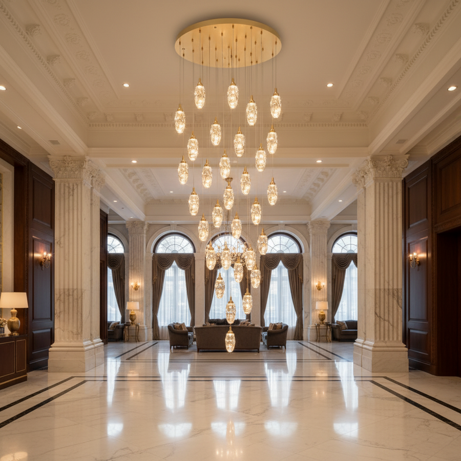 AROHA Lampadario LED in Cristallo con Telecomando, Sospensione, 30 Sorgenti, 90W, Luce Calda/Neutra/Fredda, Diametro 60cm, Altezza Regolabile, Oro, Metallo e Cristallo
