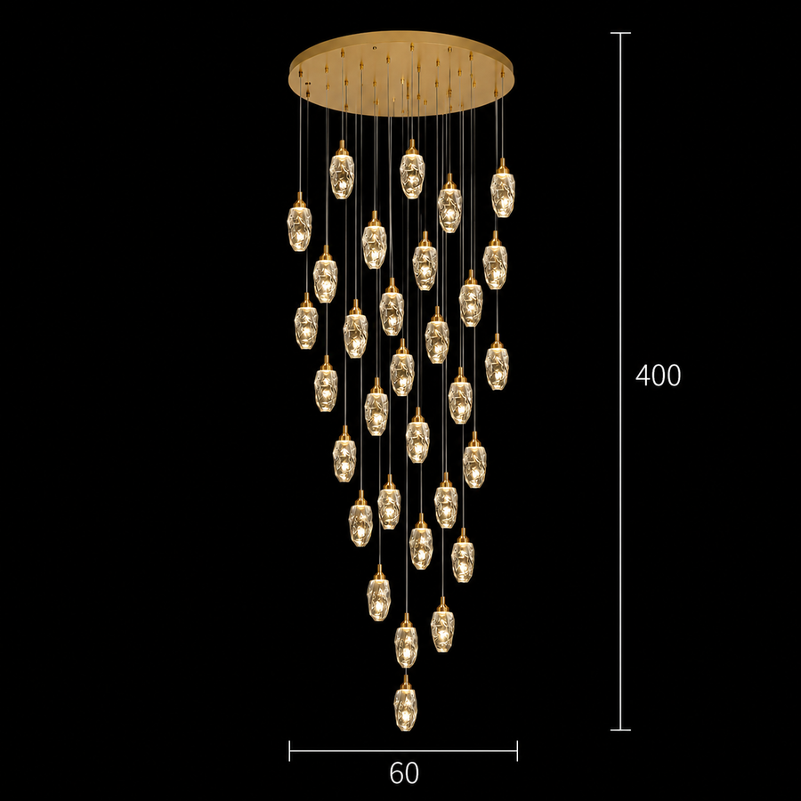 AROHA Lampadario LED in Cristallo con Telecomando, Sospensione, 30 Sorgenti, 90W, Luce Calda/Neutra/Fredda, Diametro 60cm, Altezza Regolabile, Oro, Metallo e Cristallo