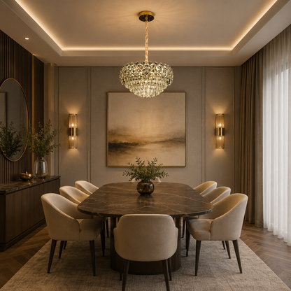 Lampadario in Cristallo BANO Eleganza, 60W, 7xE14, Altezza Regolabile, Metallo e Cristallo, Oro