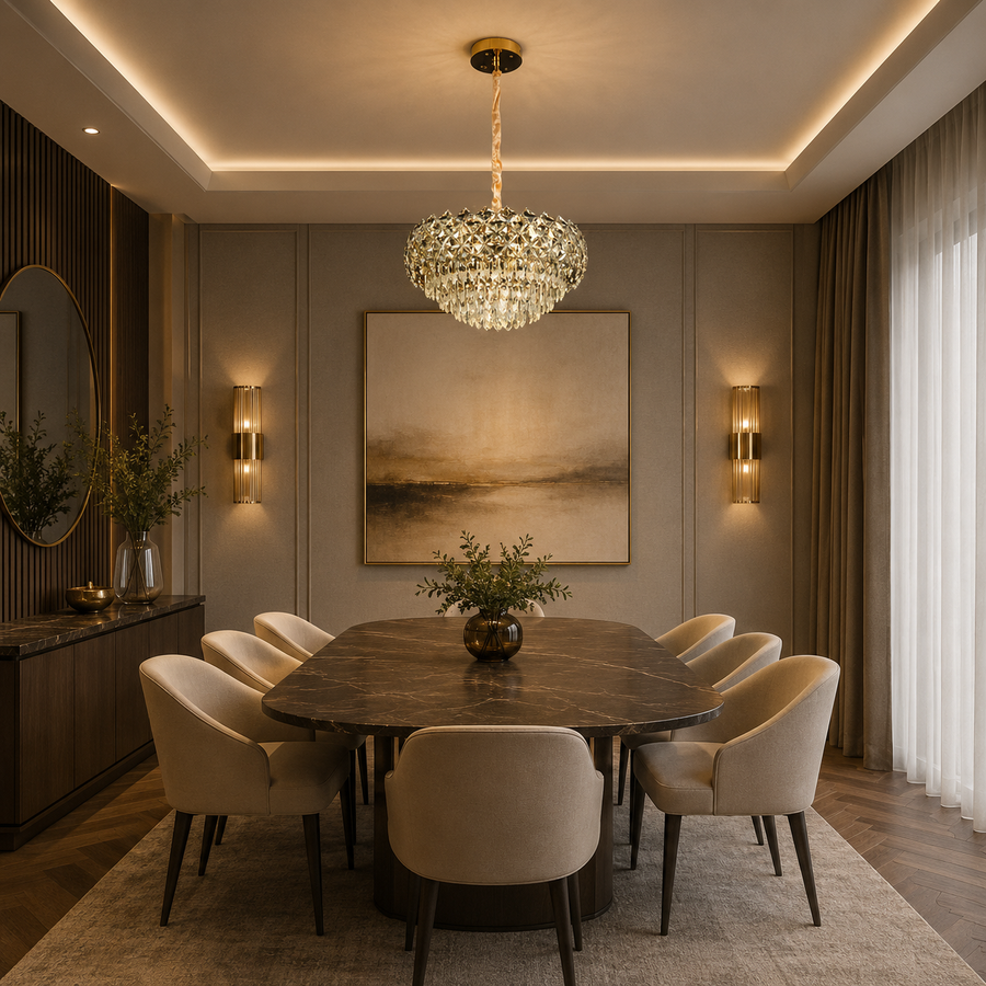 Lampadario in Cristallo BANO Eleganza, 60W, 7xE14, Altezza Regolabile, Metallo e Cristallo, Oro