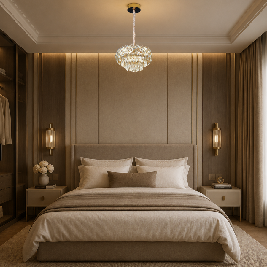 BANO Nobile Lampadario in cristallo, 24W, 4xE14, altezza regolabile, metallo e cristallo, oro