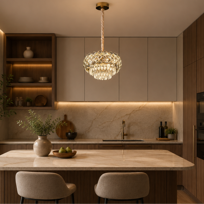 BANO Nobile Lampadario in cristallo, 24W, 4xE14, altezza regolabile, metallo e cristallo, oro