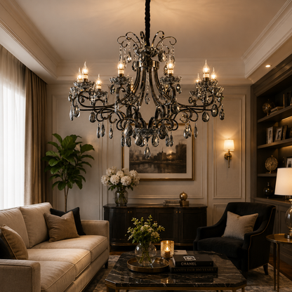 Lampadario di cristallo BARO Supremo, Φ92 cm, 10xE14, altezza regolabile, metallo e cristallo, nero