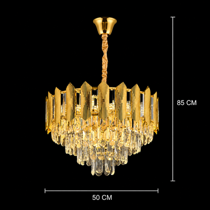 Candelabru Cristal BUCKINGHAM Eleganza 8x E14, Diametru 50cm, Auriu Lucios, Inaltime Reglabila