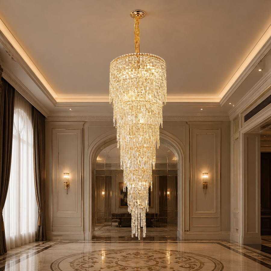 COLLOSEUM Lampadario in cristallo, 100xE14, diametro 100 cm, altezza regolabile, metallo e cristallo, oro