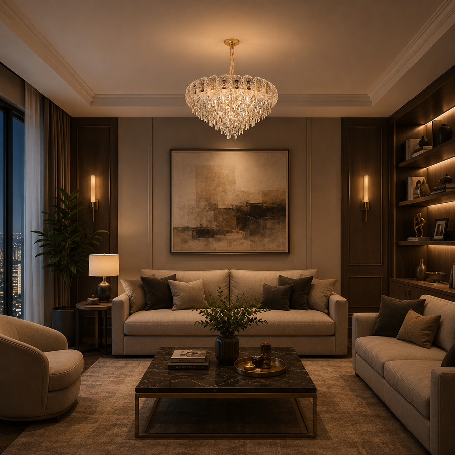 Lampadario in cristallo DONNO Regalis, 21xE14, altezza regolabile, metallo e cristallo, oro