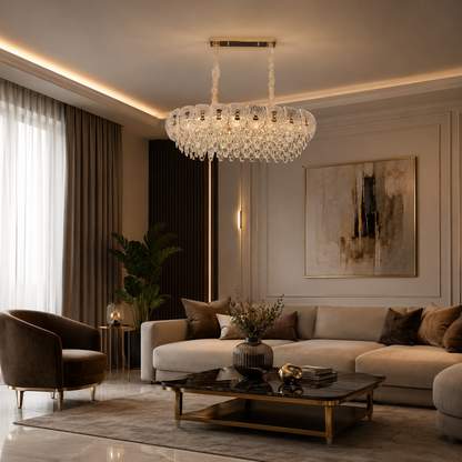 Lampadario in Cristallo DONNO Supremo, 90x34cm, 11xE14, Altezza Regolabile, Metallo e Cristallo, Oro