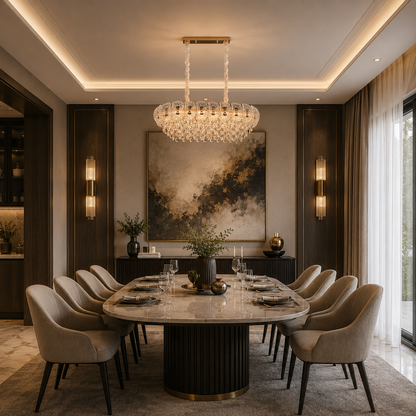 Lampadario in Cristallo DONNO Supremo, 90x34cm, 11xE14, Altezza Regolabile, Metallo e Cristallo, Oro