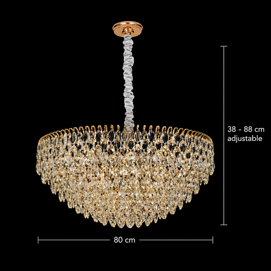 Candelabru Cristal ERDENET Regalis, 22xE14, Diametru 80 cm, Metal si Cristal, Auriu Lucios, Inaltime Reglabila