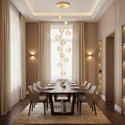Lampadario FRAME LED in Cristallo con Telecomando, Sospensione, 12 Sorgenti, 36W, Diametro 40cm, Luce Calda/Neutra/Fredda, Altezza Regolabile, Oro, Metallo e Cristallo