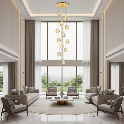 Lampadario FRAME LED in Cristallo con Telecomando, Sospensione, 12 Sorgenti, 36W, Diametro 40cm, Luce Calda/Neutra/Fredda, Altezza Regolabile, Oro, Metallo e Cristallo