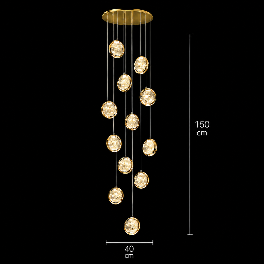 Lampadario FRAME LED in Cristallo con Telecomando, Sospensione, 12 Sorgenti, 36W, Diametro 40cm, Luce Calda/Neutra/Fredda, Altezza Regolabile, Oro, Metallo e Cristallo