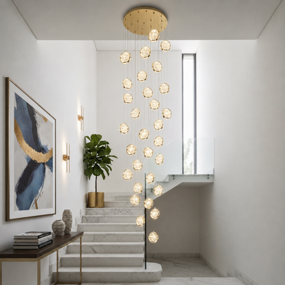 Candelabru Cristal FRAME LED cu Telecomanda, Suspendat, 30 Surse, 90W, Diametru 60cm, Inaltime Reglabila, Auriu, Metal si Cristal