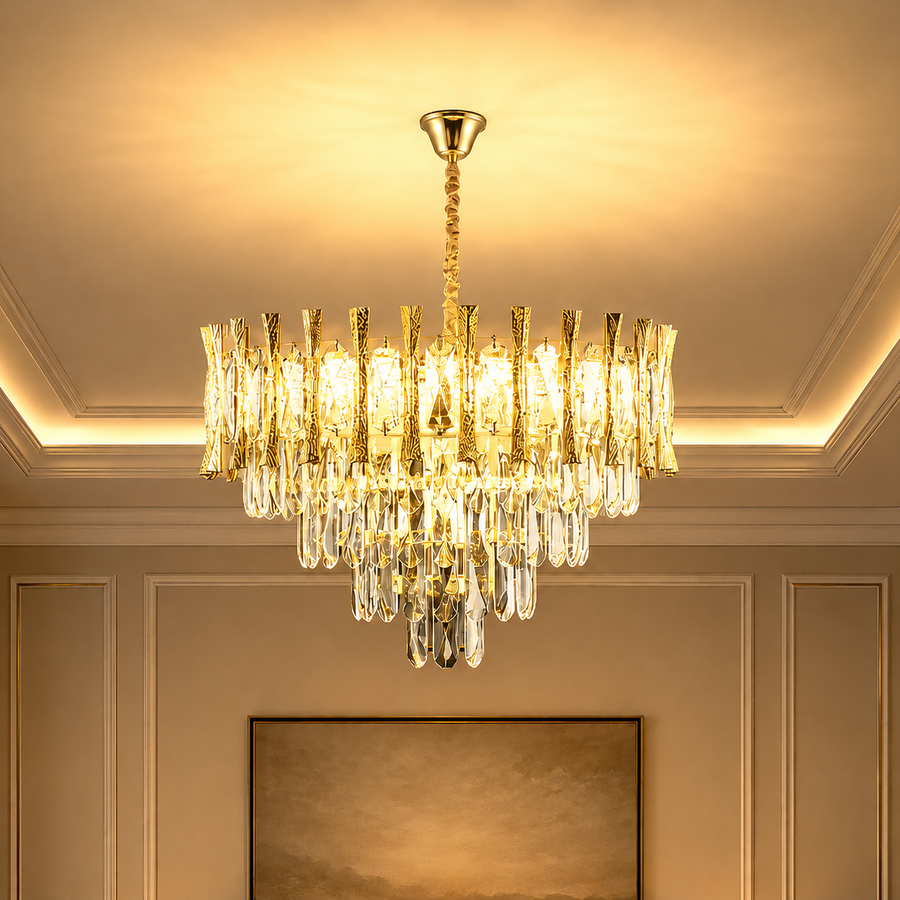 Lampadario Cristallo HAMPTON Nobile 5xE14, Diametro 40cm, Oro Lucido, Altezza Regolabile