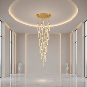 LAGOM Lampadario LED in Cristallo con Telecomando, Sospensione, 30 Sorgenti, 90W, Luce Calda/Neutra/Fredda, Diametro 60cm, Altezza Regolabile, Oro, Metallo e Cristallo