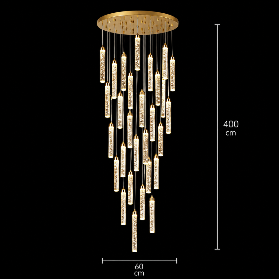 LAGOM Lampadario LED in Cristallo con Telecomando, Sospensione, 30 Sorgenti, 90W, Luce Calda/Neutra/Fredda, Diametro 60cm, Altezza Regolabile, Oro, Metallo e Cristallo