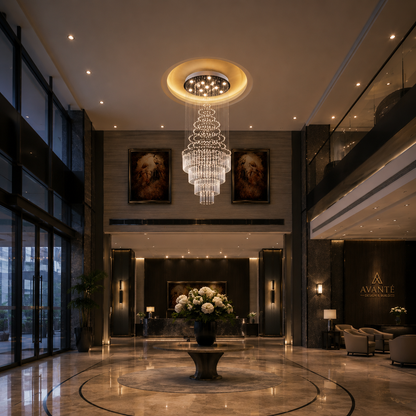 Candelabru Cristal LED 80W AUGUSTA Auriu, Diametru 50cm, Inaltime 200cm, Model Scara