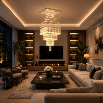 Lampadario LED in Cristallo 80W FLORENTIA Oro, Diametro 50cm, Altezza 200cm, Modello a Scala