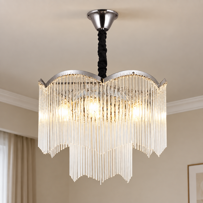 Candelabru Cristal MEKELLE Nobile, 6x E14, Diametru 40cm, Metal si Cristal, Crom Lucios, Inaltime Reglabila