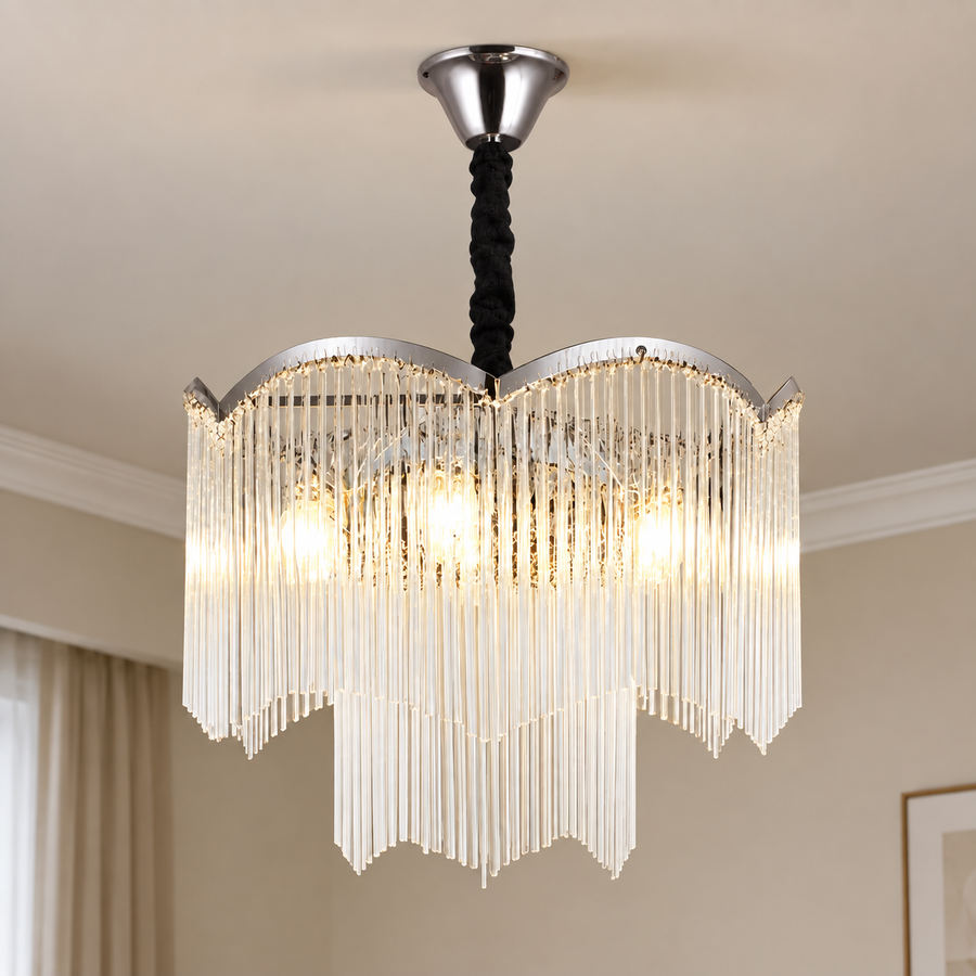 Candelabru Cristal MEKELLE Nobile, 6x E14, Diametru 40cm, Metal si Cristal, Crom Lucios, Inaltime Reglabila
