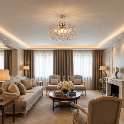 PROWES Magno Lampadario in cristallo, 10xE14, D60 cm, Oro, Altezza regolabile, Metallo e cristallo