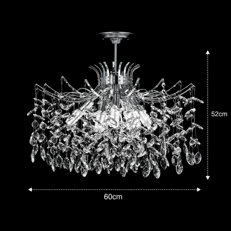 PROWES Magno Lampadario in cristallo, 10xE14, D60 cm, Cromo Lucido, Altezza Regolabile, Metallo e Cristallo