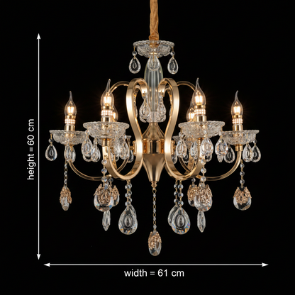 Lampadario PSE Magno Cristallo, 6xE14, D61cm, Altezza Regolabile, Metallo e Cristallo, Oro