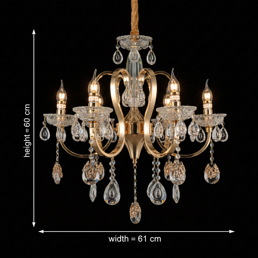 Lampadario PSE Magno Cristallo, 6xE14, D61cm, Altezza Regolabile, Metallo e Cristallo, Oro