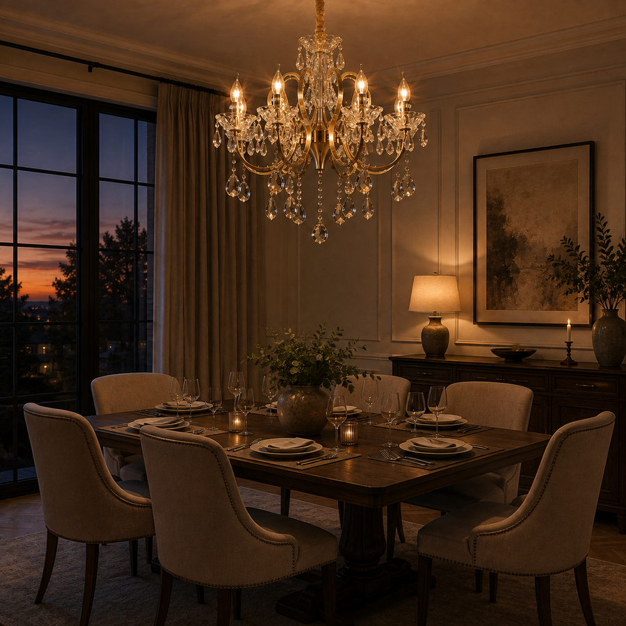 Lampadario di cristallo PSE Regalis, 8xE14, D76cm, altezza regolabile, metallo e cristallo, oro