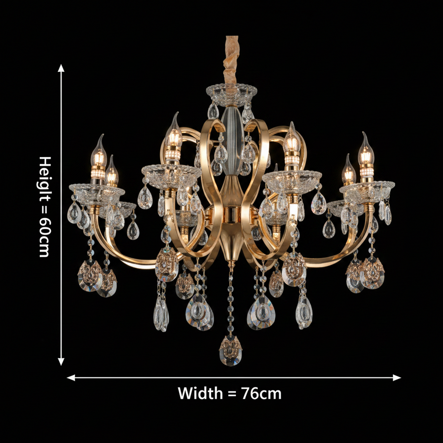 Lampadario di cristallo PSE Regalis, 8xE14, D76cm, altezza regolabile, metallo e cristallo, oro