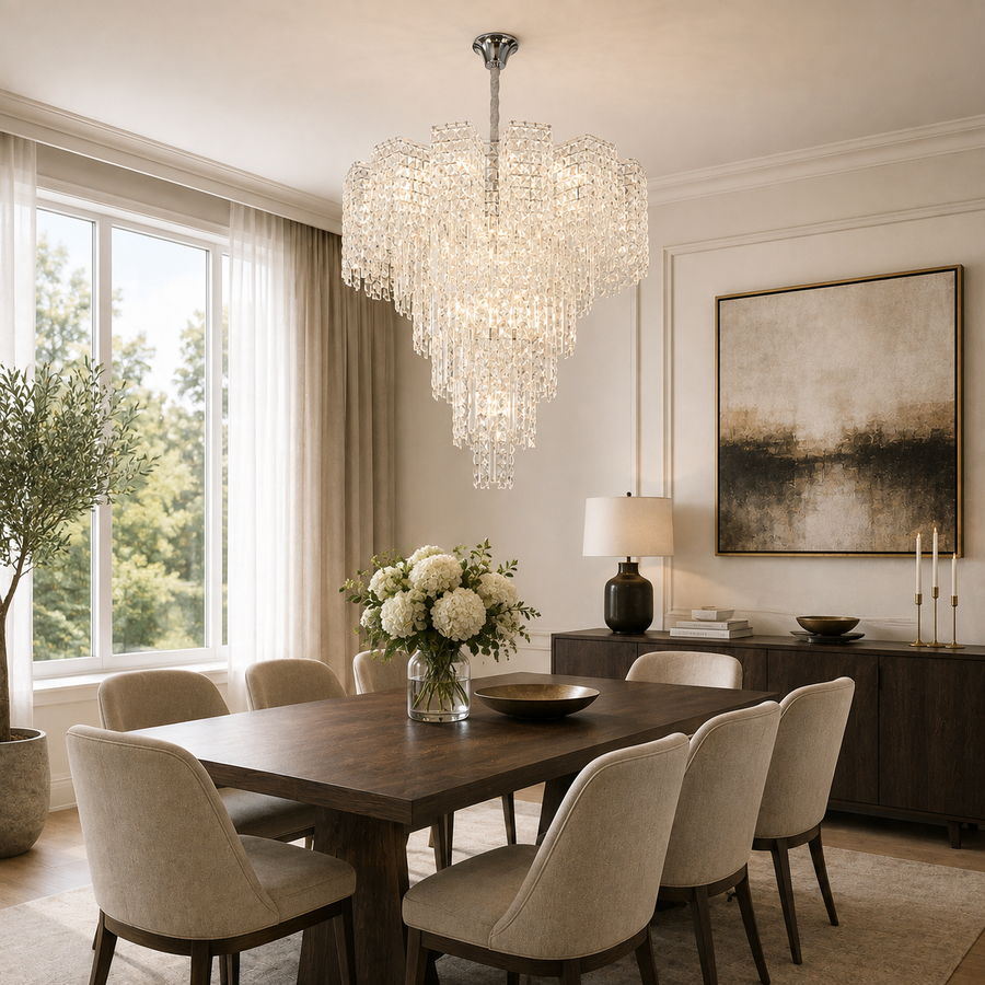 Lampadario Cristallo TAGISH Supremo 19xE14, Diametro 80cm, Metallo e Cristallo, Cromo Lucido, Altezza Regolabile