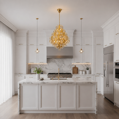 Lampadario in Cristallo TIER Nobile 8xE14, D40 cm, Oro, Altezza Regolabile, Metallo e Cristallo