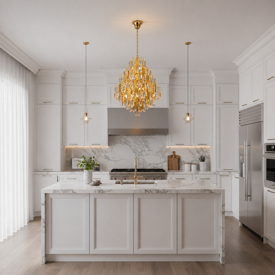 Lampadario in Cristallo TIER Nobile 8xE14, D40 cm, Oro, Altezza Regolabile, Metallo e Cristallo