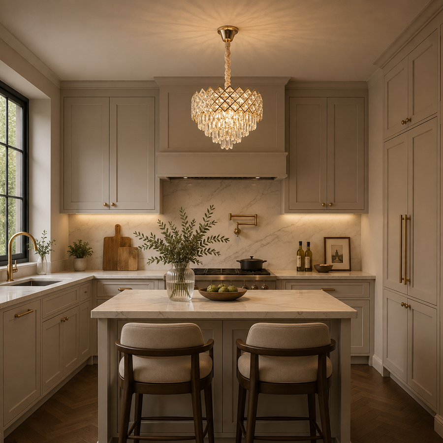 Lampadario Cristallo VECTORIA Elegance 8xE14, Diametro 48cm, Oro, Altezza Regolabile, Metallo e Cristallo